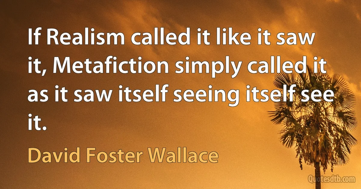 If Realism called it like it saw it, Metafiction simply called it as it saw itself seeing itself see it. (David Foster Wallace)