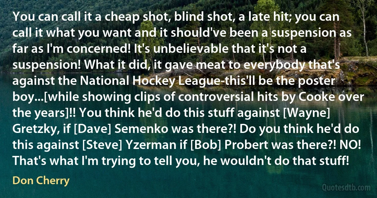 You can call it a cheap shot, blind shot, a late hit; you can call it what you want and it should've been a suspension as far as I'm concerned! It's unbelievable that it's not a suspension! What it did, it gave meat to everybody that's against the National Hockey League-this'll be the poster boy...[while showing clips of controversial hits by Cooke over the years]!! You think he'd do this stuff against [Wayne] Gretzky, if [Dave] Semenko was there?! Do you think he'd do this against [Steve] Yzerman if [Bob] Probert was there?! NO! That's what I'm trying to tell you, he wouldn't do that stuff! (Don Cherry)
