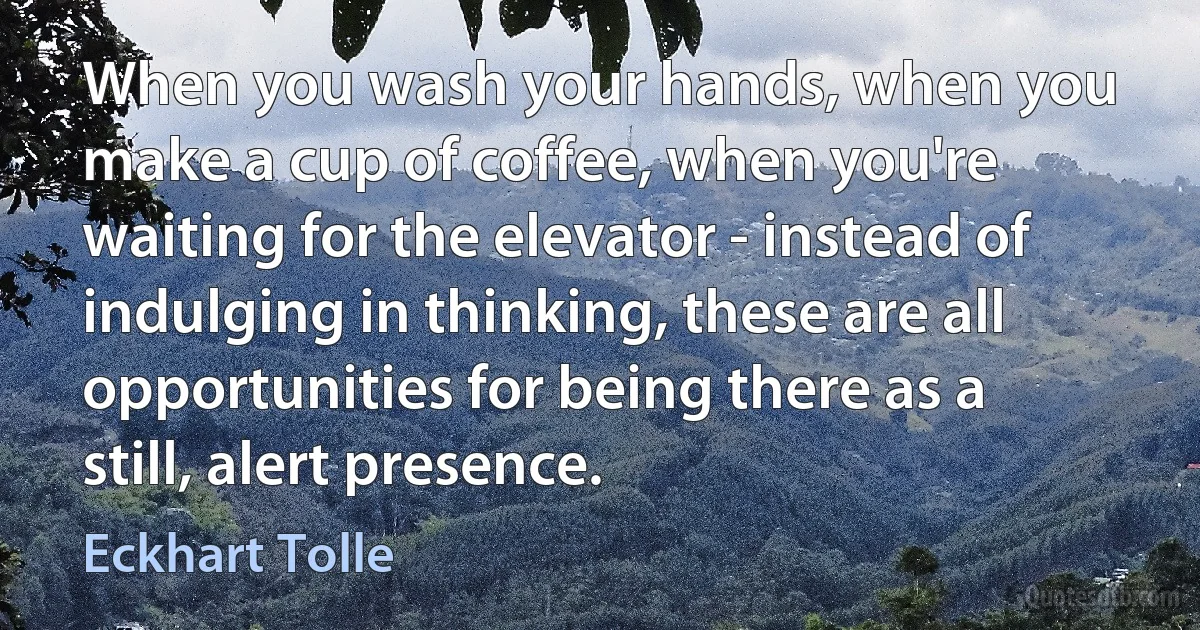 When you wash your hands, when you make a cup of coffee, when you're waiting for the elevator - instead of indulging in thinking, these are all opportunities for being there as a still, alert presence. (Eckhart Tolle)