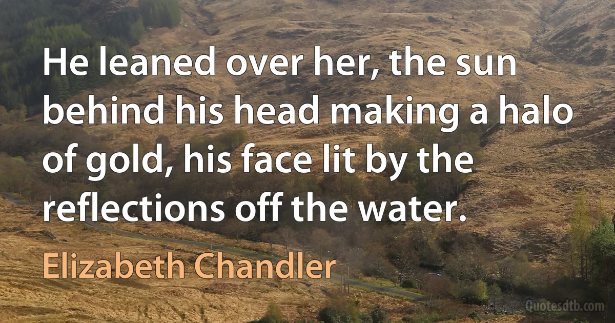 He leaned over her, the sun behind his head making a halo of gold, his face lit by the reflections off the water. (Elizabeth Chandler)