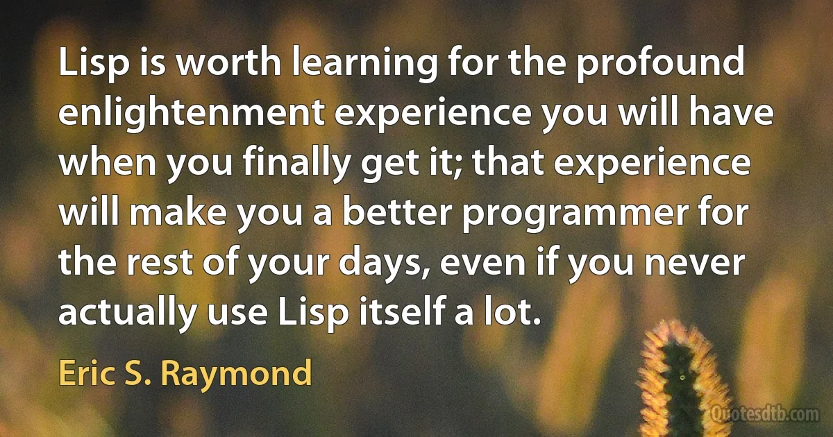 Lisp is worth learning for the profound enlightenment experience you will have when you finally get it; that experience will make you a better programmer for the rest of your days, even if you never actually use Lisp itself a lot. (Eric S. Raymond)