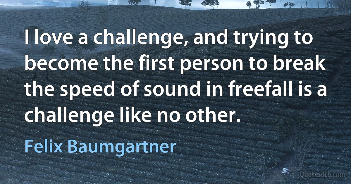 I love a challenge, and trying to become the first person to break the speed of sound in freefall is a challenge like no other. (Felix Baumgartner)