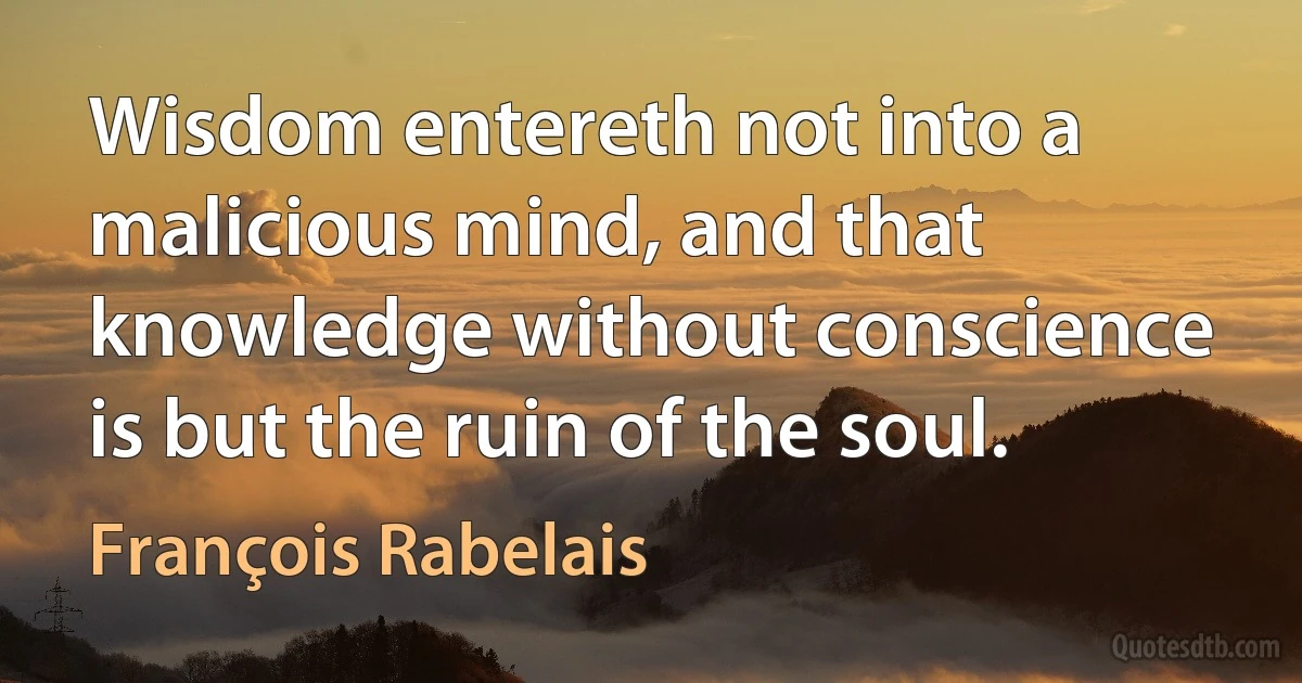 Wisdom entereth not into a malicious mind, and that knowledge without conscience is but the ruin of the soul. (François Rabelais)