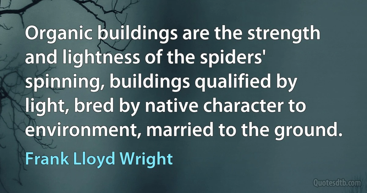 Organic buildings are the strength and lightness of the spiders' spinning, buildings qualified by light, bred by native character to environment, married to the ground. (Frank Lloyd Wright)