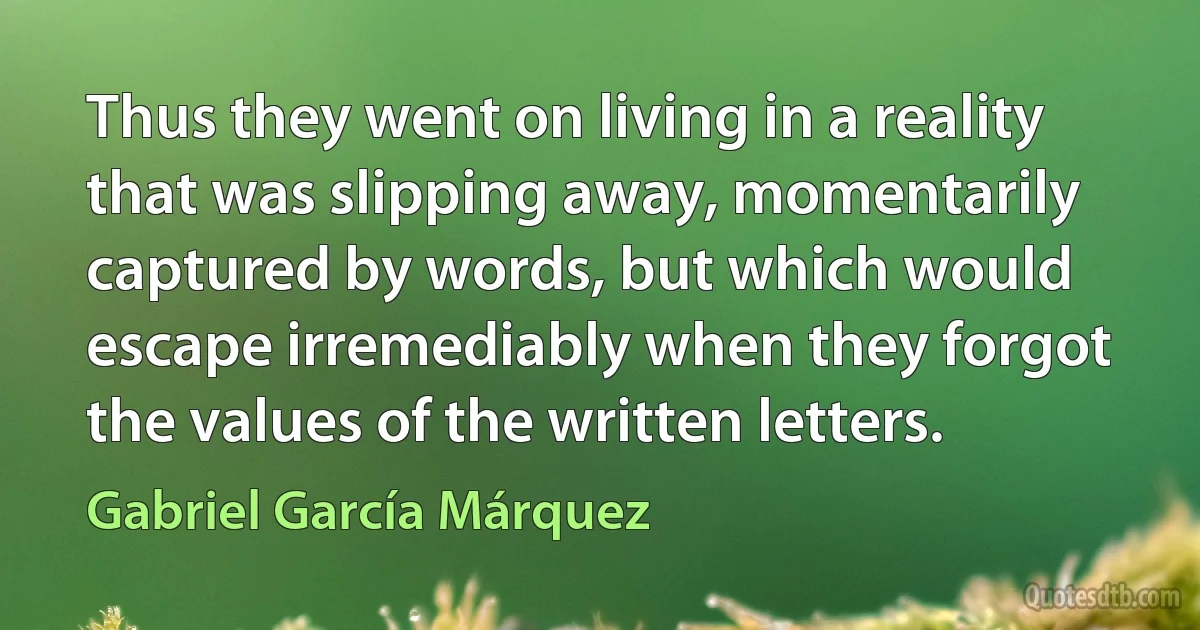 Thus they went on living in a reality that was slipping away, momentarily captured by words, but which would escape irremediably when they forgot the values of the written letters. (Gabriel García Márquez)