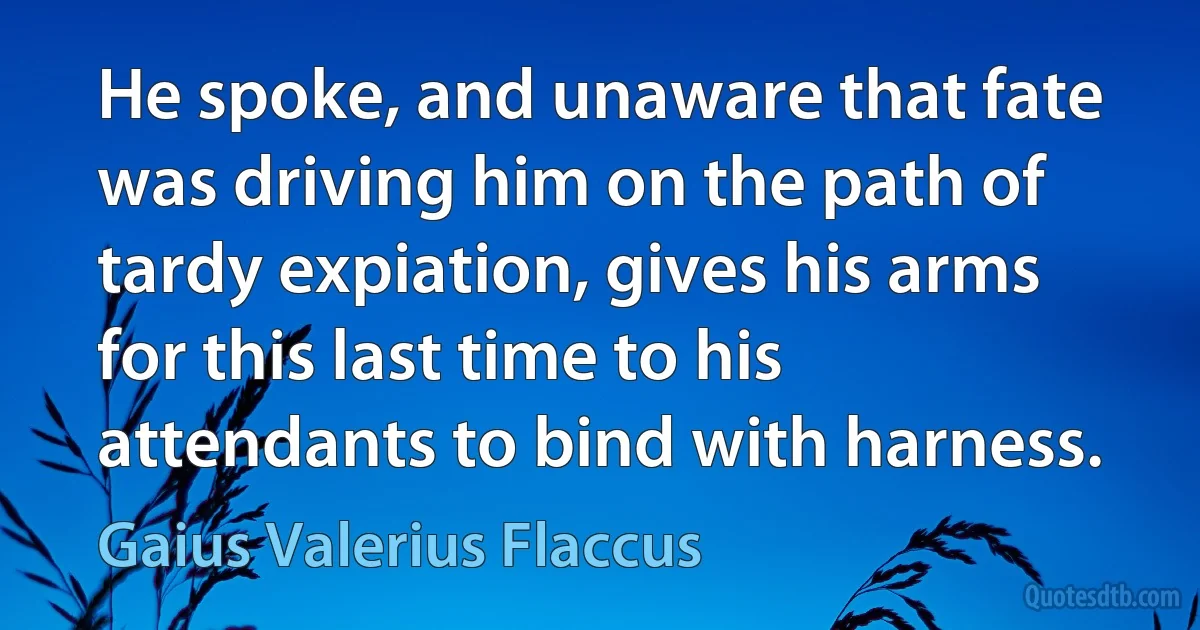 He spoke, and unaware that fate was driving him on the path of tardy expiation, gives his arms for this last time to his attendants to bind with harness. (Gaius Valerius Flaccus)