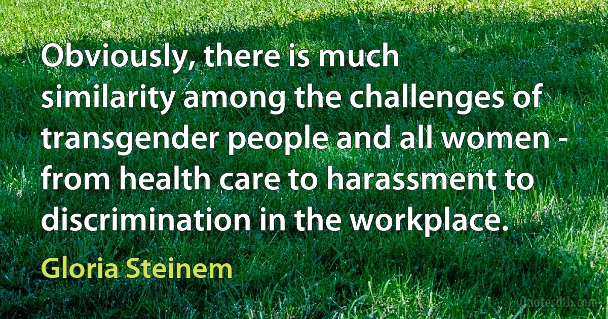 Obviously, there is much similarity among the challenges of transgender people and all women - from health care to harassment to discrimination in the workplace. (Gloria Steinem)