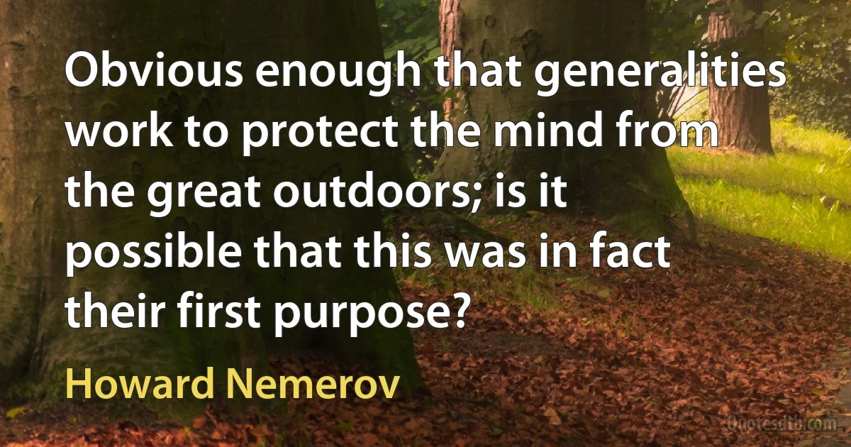 Obvious enough that generalities work to protect the mind from the great outdoors; is it possible that this was in fact their first purpose? (Howard Nemerov)