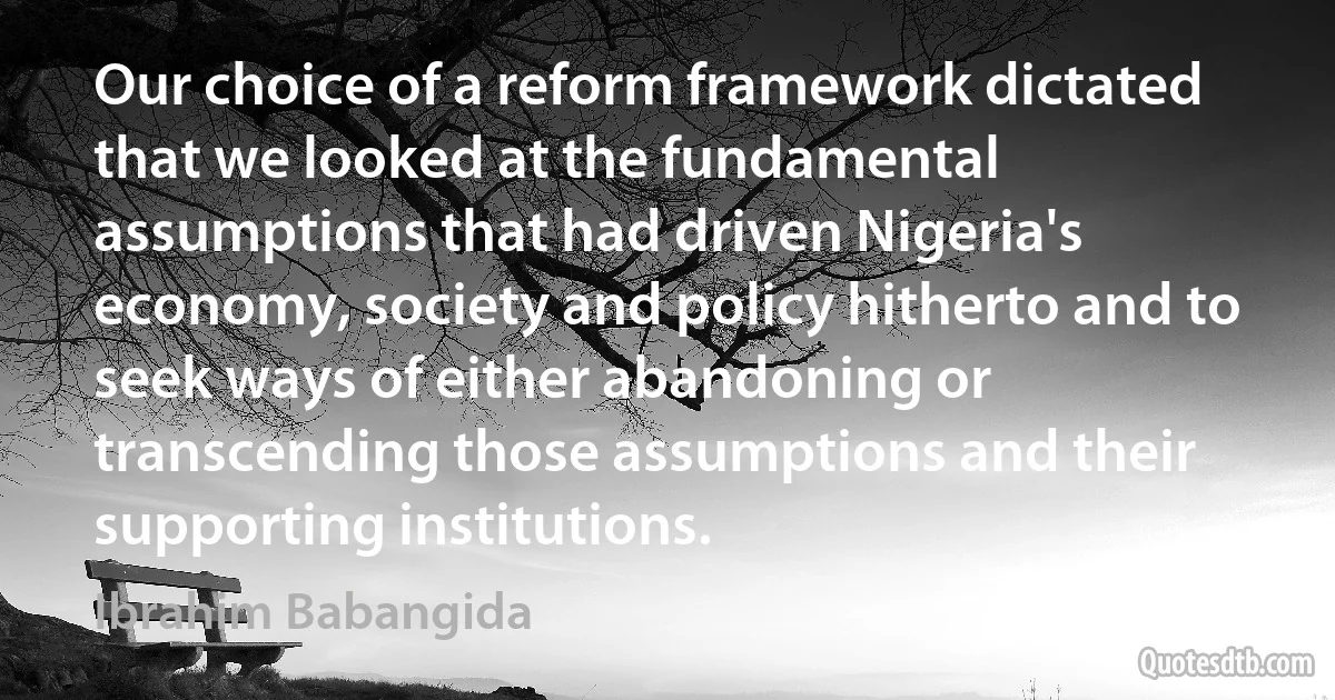 Our choice of a reform framework dictated that we looked at the fundamental assumptions that had driven Nigeria's economy, society and policy hitherto and to seek ways of either abandoning or transcending those assumptions and their supporting institutions. (Ibrahim Babangida)