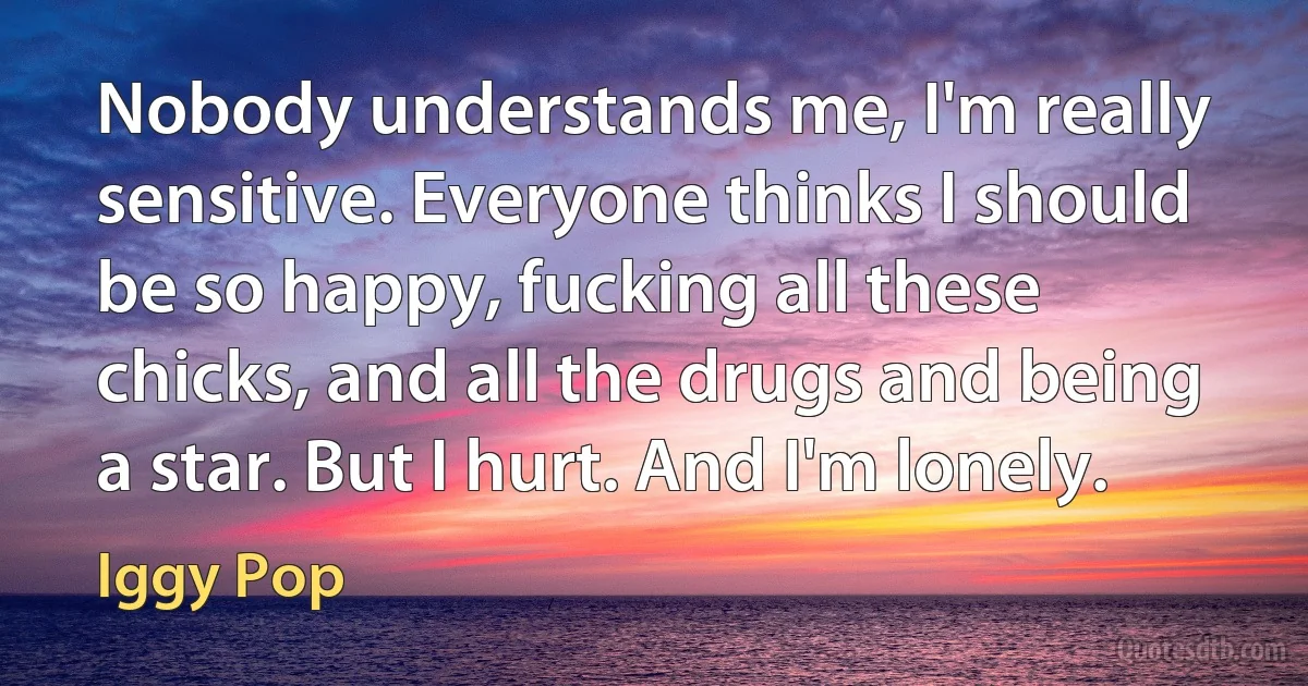 Nobody understands me, I'm really sensitive. Everyone thinks I should be so happy, fucking all these chicks, and all the drugs and being a star. But I hurt. And I'm lonely. (Iggy Pop)