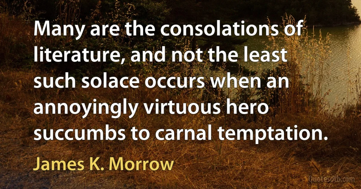 Many are the consolations of literature, and not the least such solace occurs when an annoyingly virtuous hero succumbs to carnal temptation. (James K. Morrow)