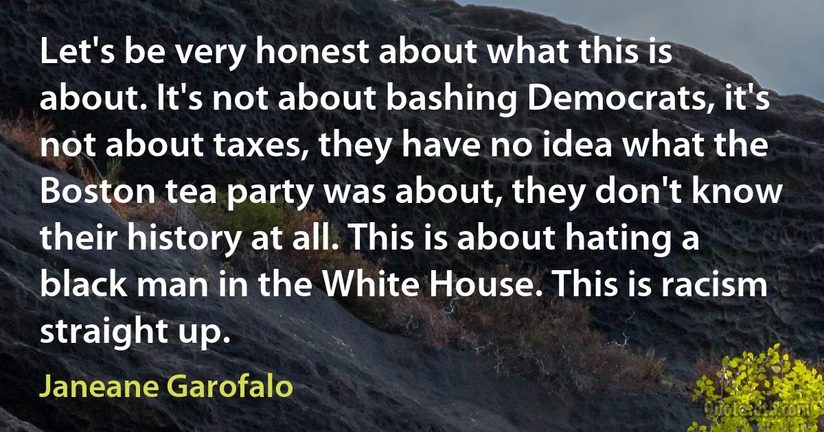 Let's be very honest about what this is about. It's not about bashing Democrats, it's not about taxes, they have no idea what the Boston tea party was about, they don't know their history at all. This is about hating a black man in the White House. This is racism straight up. (Janeane Garofalo)