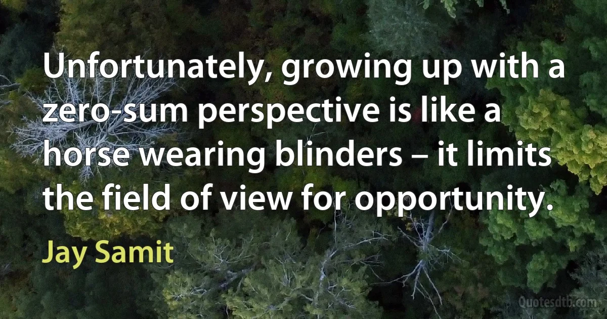 Unfortunately, growing up with a zero-sum perspective is like a horse wearing blinders – it limits the field of view for opportunity. (Jay Samit)