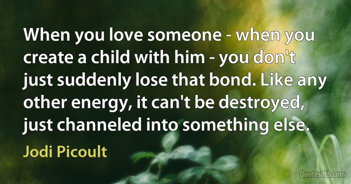 When you love someone - when you create a child with him - you don't just suddenly lose that bond. Like any other energy, it can't be destroyed, just channeled into something else. (Jodi Picoult)