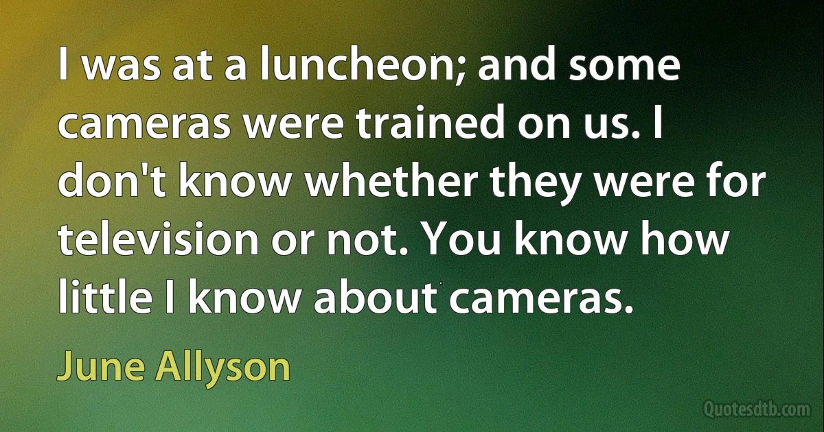 I was at a luncheon; and some cameras were trained on us. I don't know whether they were for television or not. You know how little I know about cameras. (June Allyson)