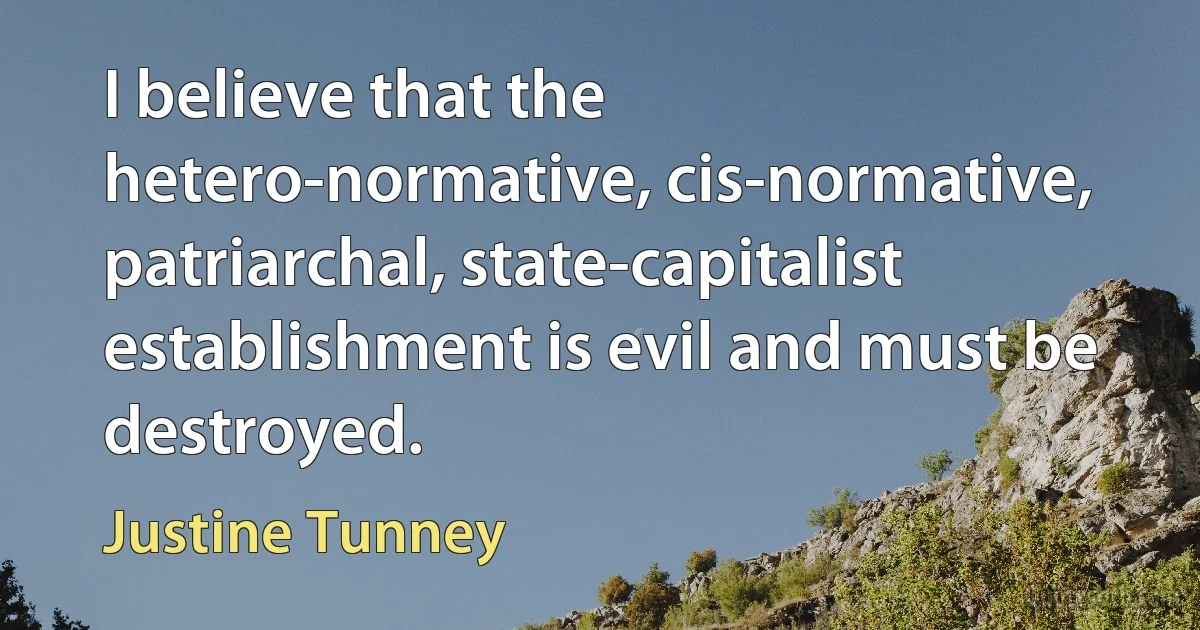 I believe that the hetero-normative, cis-normative, patriarchal, state-capitalist establishment is evil and must be destroyed. (Justine Tunney)