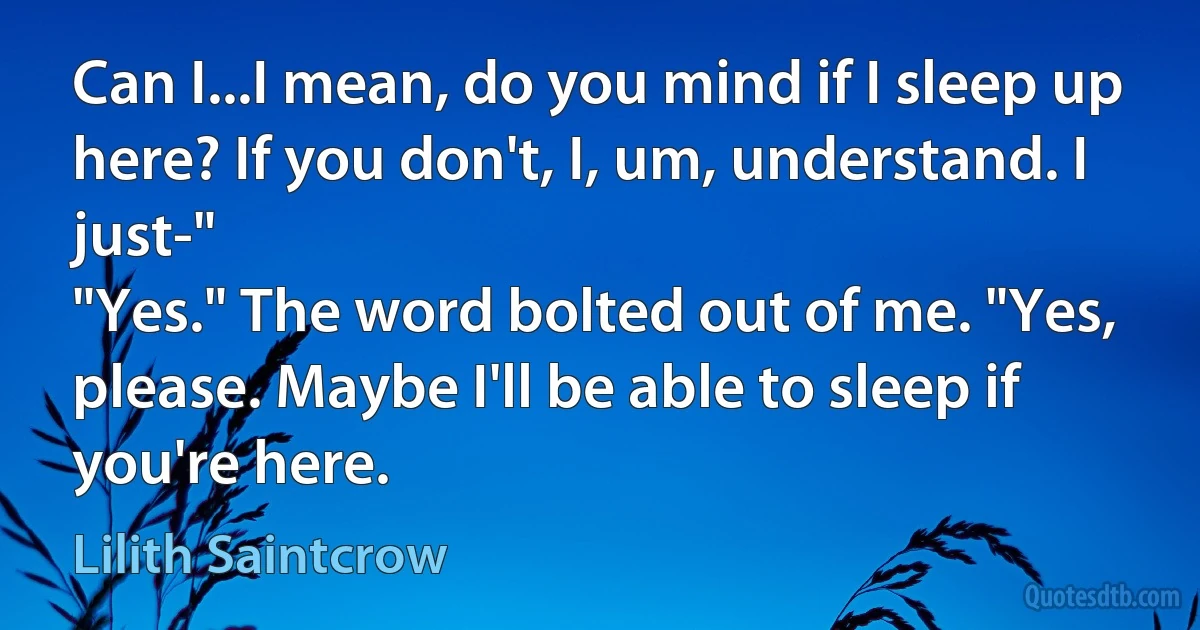 Can I...I mean, do you mind if I sleep up here? If you don't, I, um, understand. I just-"
"Yes." The word bolted out of me. "Yes, please. Maybe I'll be able to sleep if you're here. (Lilith Saintcrow)