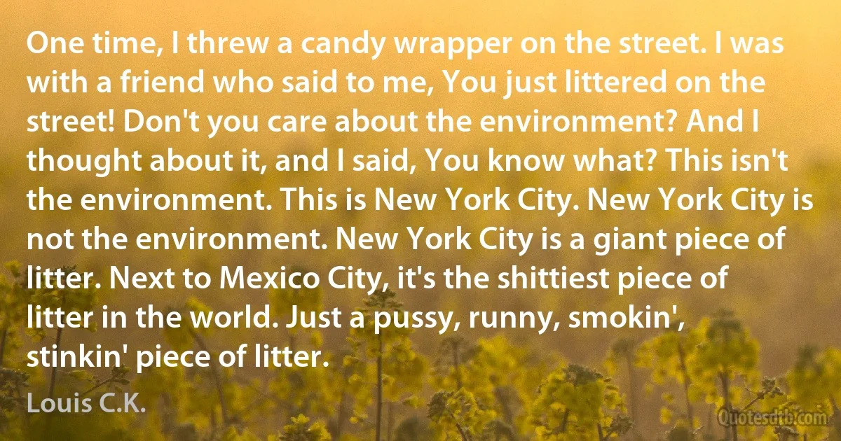 One time, I threw a candy wrapper on the street. I was with a friend who said to me, You just littered on the street! Don't you care about the environment? And I thought about it, and I said, You know what? This isn't the environment. This is New York City. New York City is not the environment. New York City is a giant piece of litter. Next to Mexico City, it's the shittiest piece of litter in the world. Just a pussy, runny, smokin', stinkin' piece of litter. (Louis C.K.)