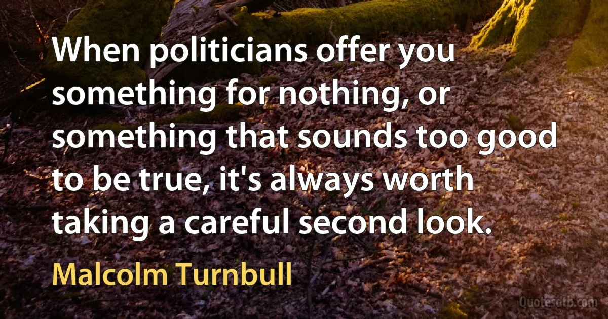 When politicians offer you something for nothing, or something that sounds too good to be true, it's always worth taking a careful second look. (Malcolm Turnbull)