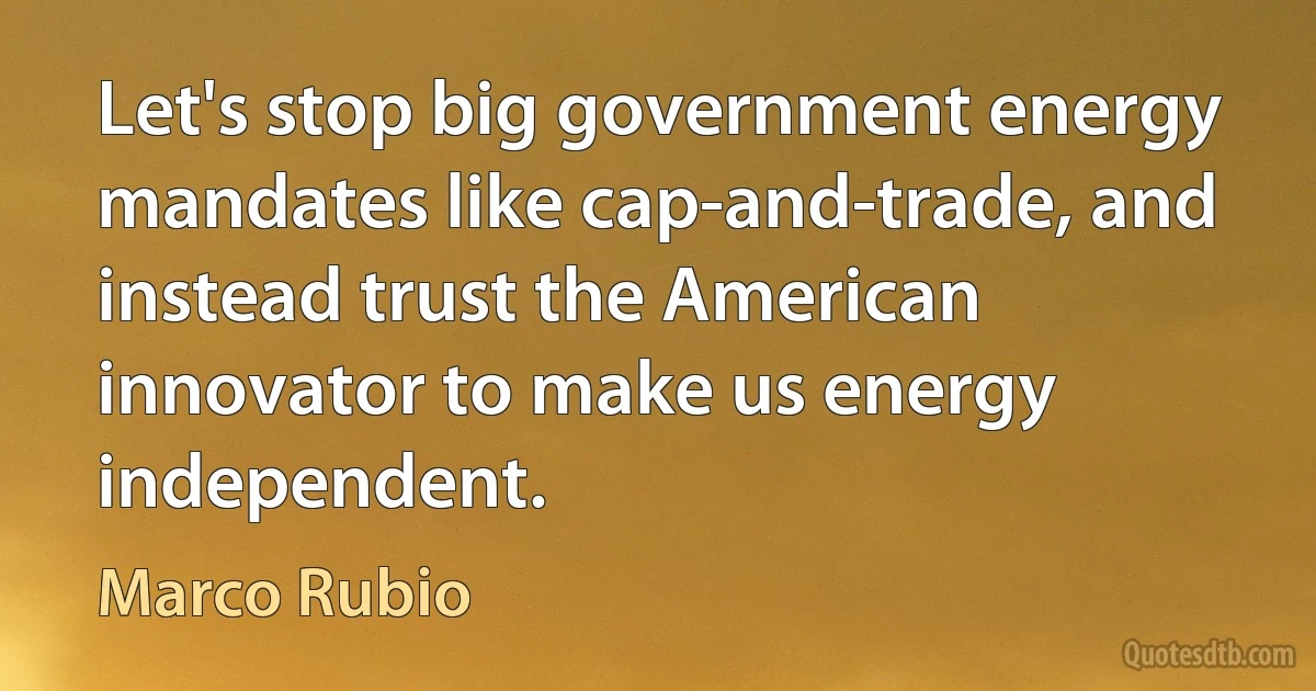 Let's stop big government energy mandates like cap-and-trade, and instead trust the American innovator to make us energy independent. (Marco Rubio)