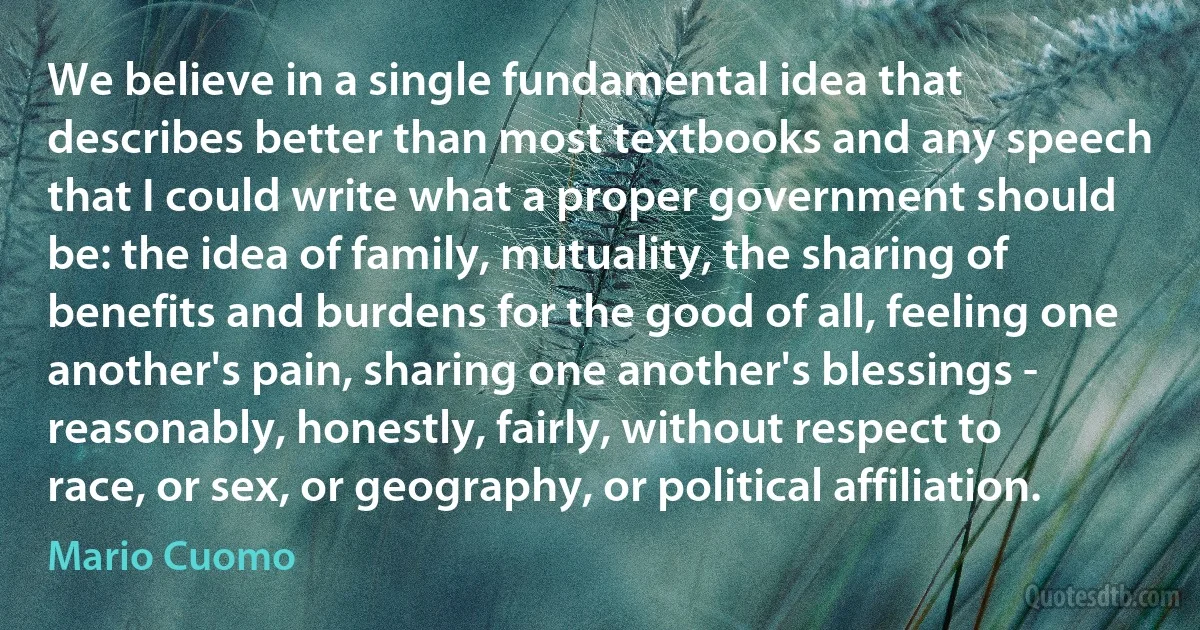 We believe in a single fundamental idea that describes better than most textbooks and any speech that I could write what a proper government should be: the idea of family, mutuality, the sharing of benefits and burdens for the good of all, feeling one another's pain, sharing one another's blessings - reasonably, honestly, fairly, without respect to race, or sex, or geography, or political affiliation. (Mario Cuomo)