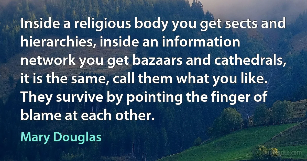 Inside a religious body you get sects and hierarchies, inside an information network you get bazaars and cathedrals, it is the same, call them what you like. They survive by pointing the finger of blame at each other. (Mary Douglas)