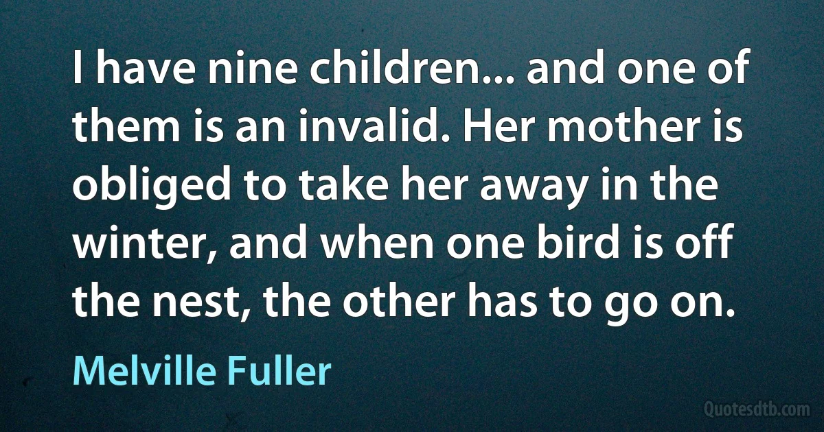 I have nine children... and one of them is an invalid. Her mother is obliged to take her away in the winter, and when one bird is off the nest, the other has to go on. (Melville Fuller)