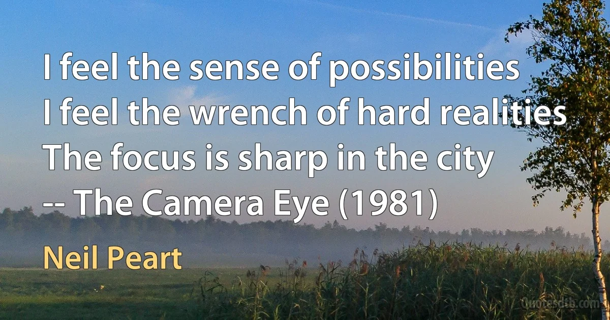 I feel the sense of possibilities
I feel the wrench of hard realities
The focus is sharp in the city
-- The Camera Eye (1981) (Neil Peart)