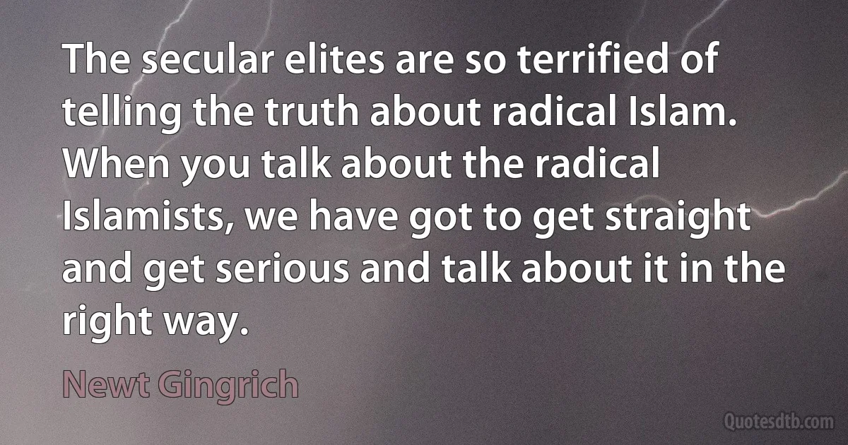 The secular elites are so terrified of telling the truth about radical Islam. When you talk about the radical Islamists, we have got to get straight and get serious and talk about it in the right way. (Newt Gingrich)