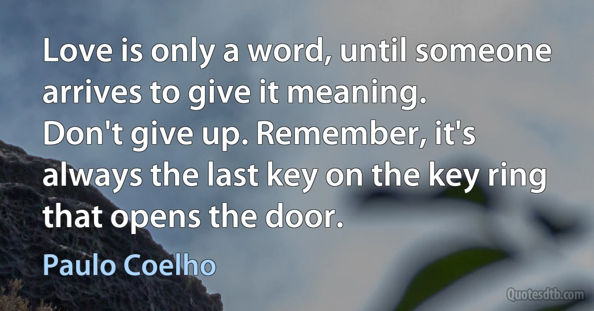 Love is only a word, until someone arrives to give it meaning.
Don't give up. Remember, it's always the last key on the key ring that opens the door. (Paulo Coelho)