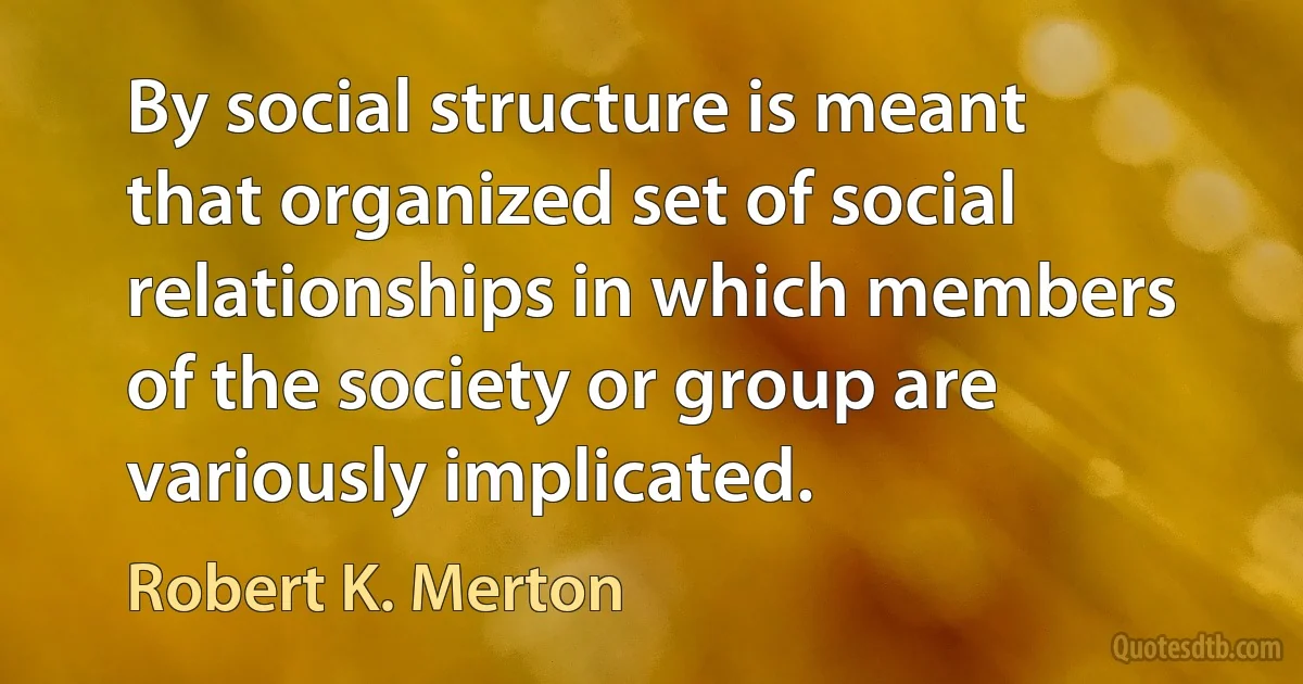 By social structure is meant that organized set of social relationships in which members of the society or group are variously implicated. (Robert K. Merton)