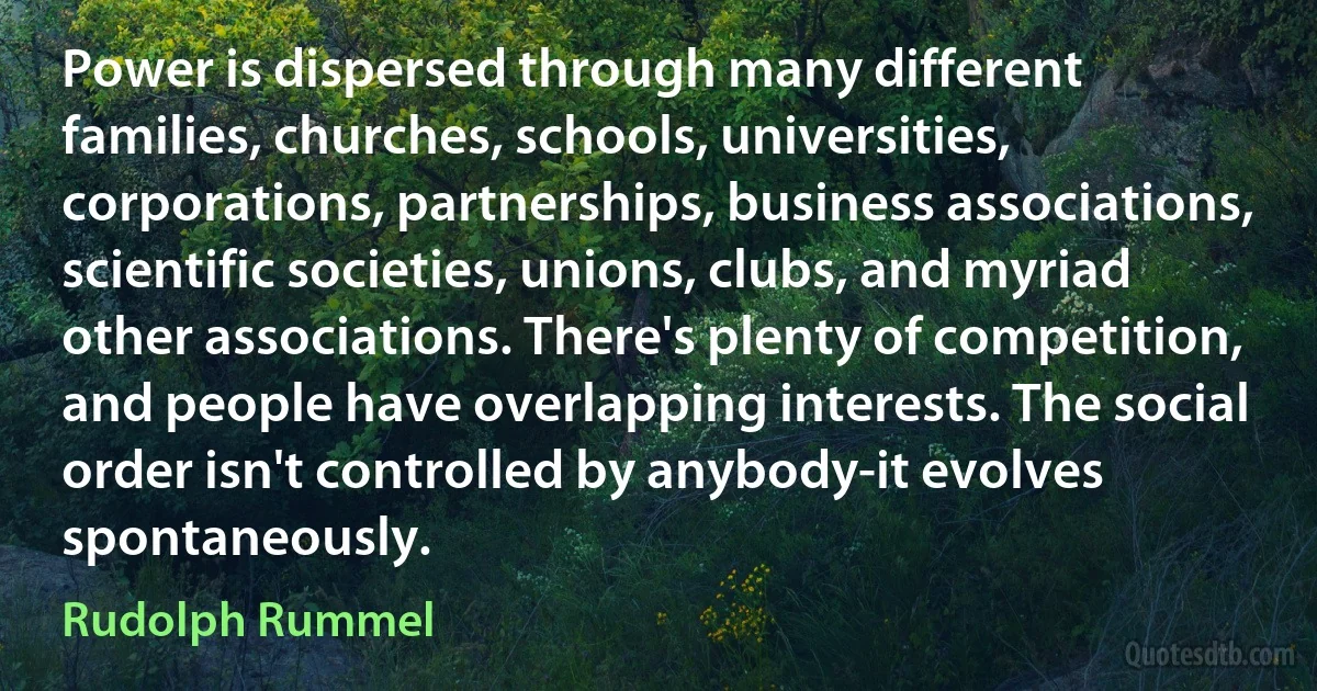 Power is dispersed through many different families, churches, schools, universities, corporations, partnerships, business associations, scientific societies, unions, clubs, and myriad other associations. There's plenty of competition, and people have overlapping interests. The social order isn't controlled by anybody-it evolves spontaneously. (Rudolph Rummel)