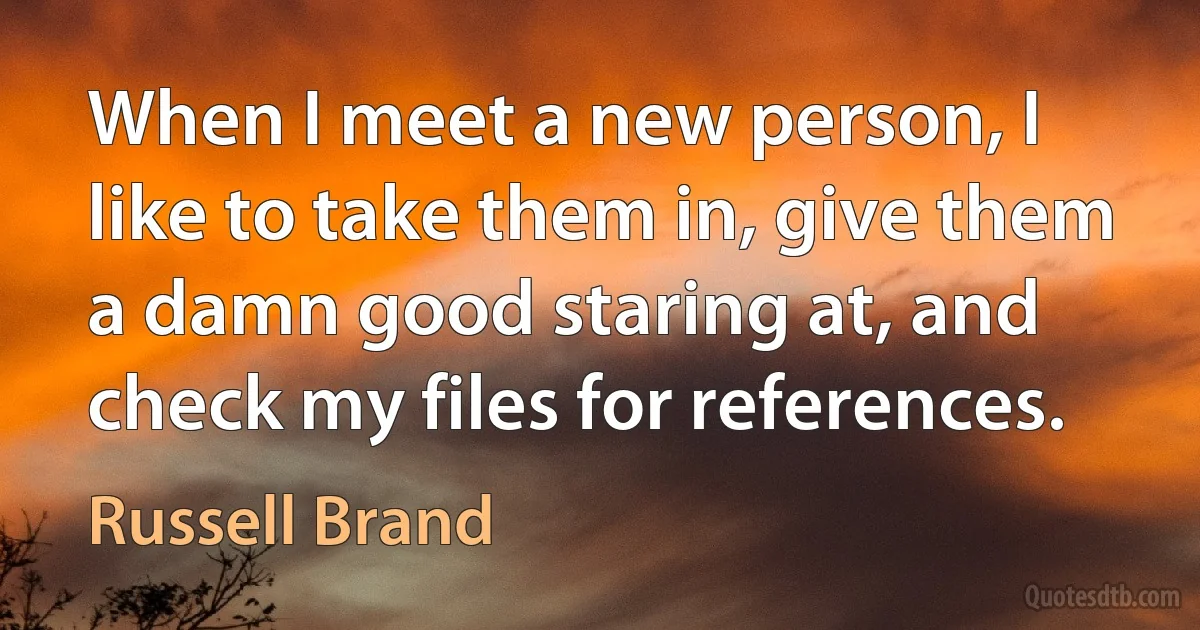 When I meet a new person, I like to take them in, give them a damn good staring at, and check my files for references. (Russell Brand)