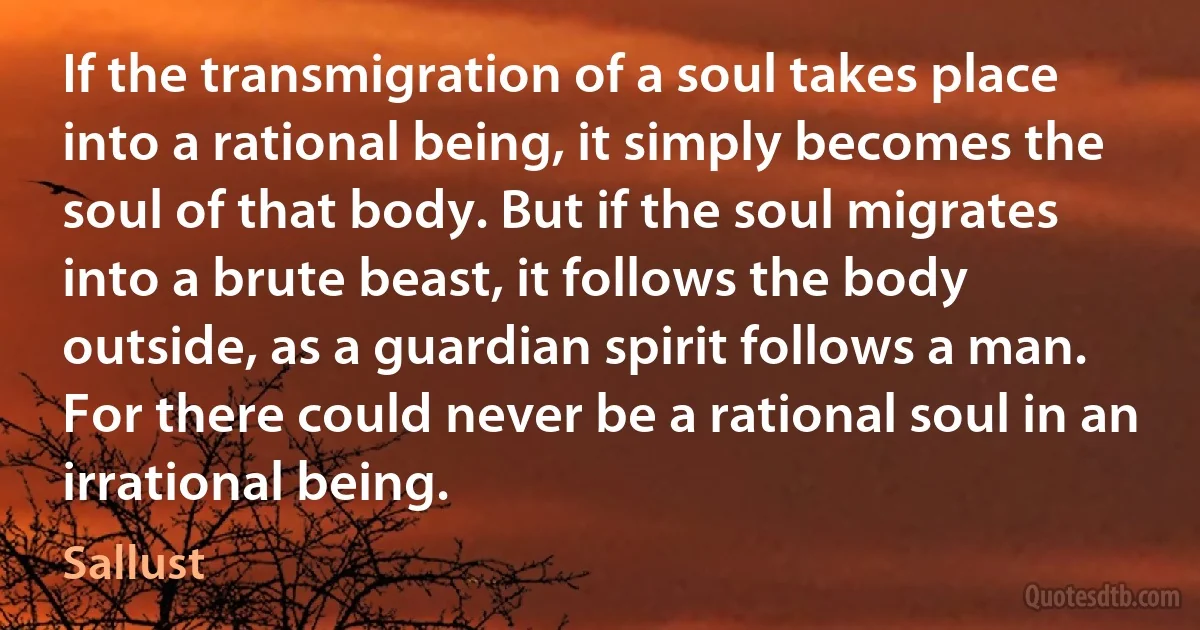 If the transmigration of a soul takes place into a rational being, it simply becomes the soul of that body. But if the soul migrates into a brute beast, it follows the body outside, as a guardian spirit follows a man. For there could never be a rational soul in an irrational being. (Sallust)