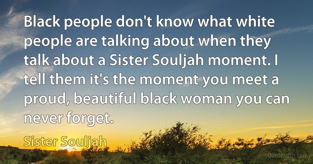 Black people don't know what white people are talking about when they talk about a Sister Souljah moment. I tell them it's the moment you meet a proud, beautiful black woman you can never forget. (Sister Souljah)