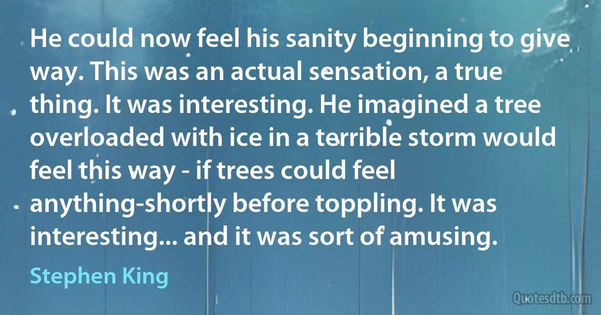 He could now feel his sanity beginning to give way. This was an actual sensation, a true thing. It was interesting. He imagined a tree overloaded with ice in a terrible storm would feel this way - if trees could feel anything-shortly before toppling. It was interesting... and it was sort of amusing. (Stephen King)