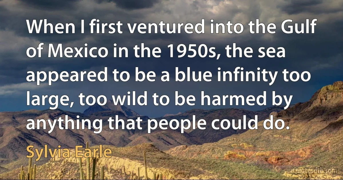 When I first ventured into the Gulf of Mexico in the 1950s, the sea appeared to be a blue infinity too large, too wild to be harmed by anything that people could do. (Sylvia Earle)