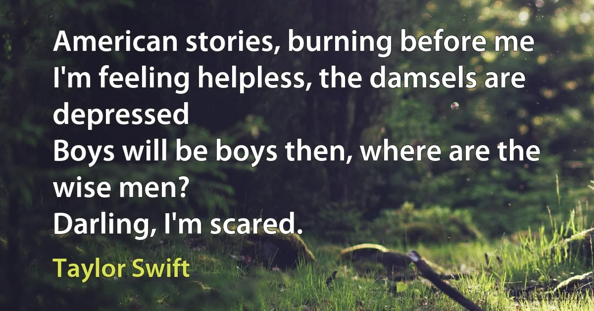 American stories, burning before me
I'm feeling helpless, the damsels are depressed
Boys will be boys then, where are the wise men?
Darling, I'm scared. (Taylor Swift)