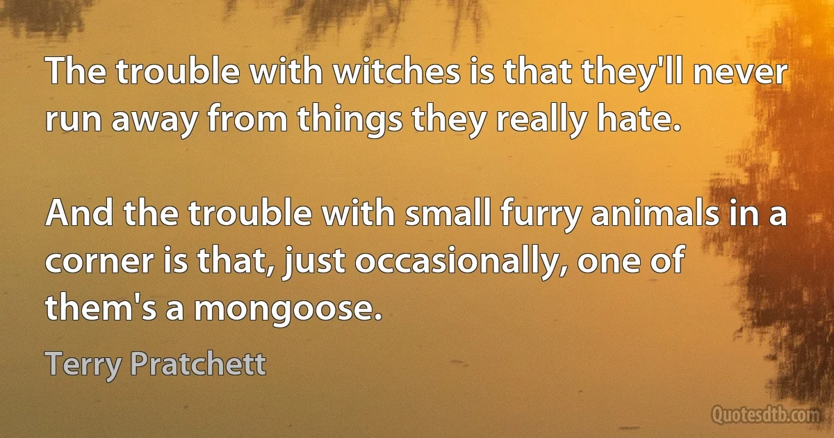 The trouble with witches is that they'll never run away from things they really hate.

And the trouble with small furry animals in a corner is that, just occasionally, one of them's a mongoose. (Terry Pratchett)