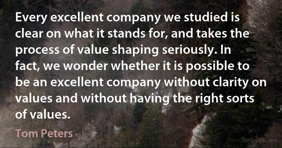 Every excellent company we studied is clear on what it stands for, and takes the process of value shaping seriously. In fact, we wonder whether it is possible to be an excellent company without clarity on values and without having the right sorts of values. (Tom Peters)