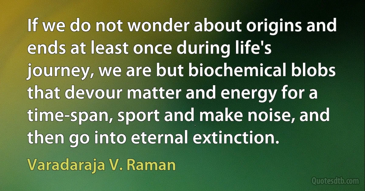 If we do not wonder about origins and ends at least once during life's journey, we are but biochemical blobs that devour matter and energy for a time-span, sport and make noise, and then go into eternal extinction. (Varadaraja V. Raman)