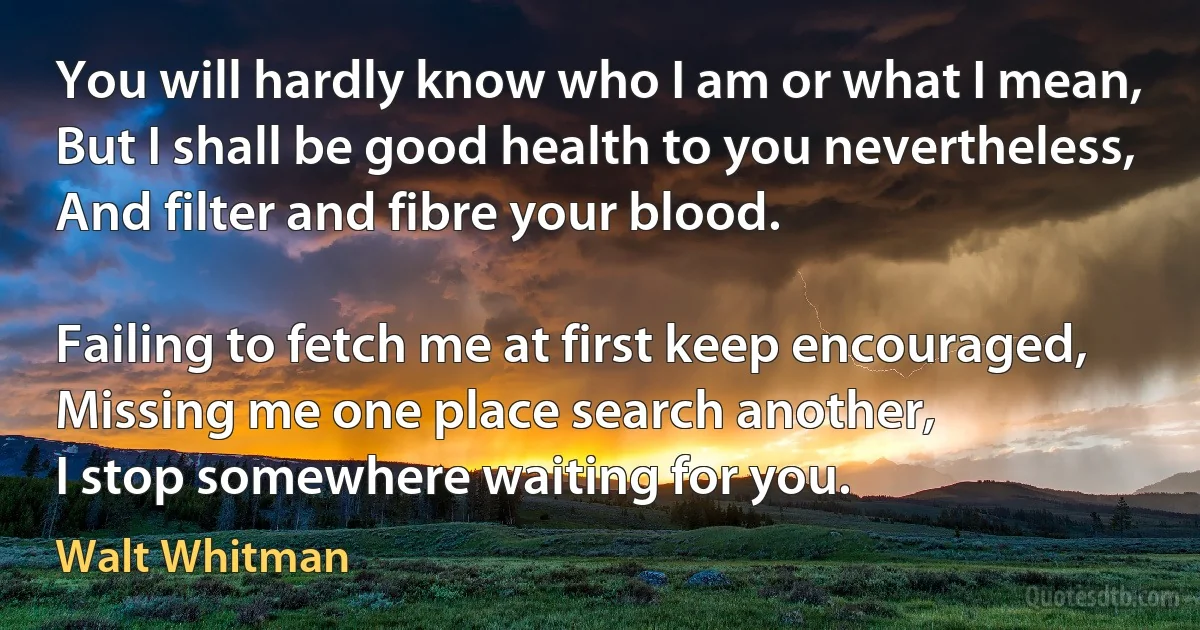 You will hardly know who I am or what I mean,
But I shall be good health to you nevertheless,
And filter and fibre your blood.

Failing to fetch me at first keep encouraged,
Missing me one place search another,
I stop somewhere waiting for you. (Walt Whitman)