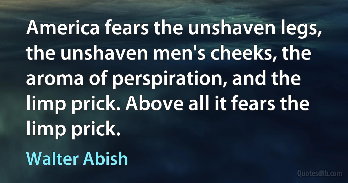 America fears the unshaven legs, the unshaven men's cheeks, the aroma of perspiration, and the limp prick. Above all it fears the limp prick. (Walter Abish)