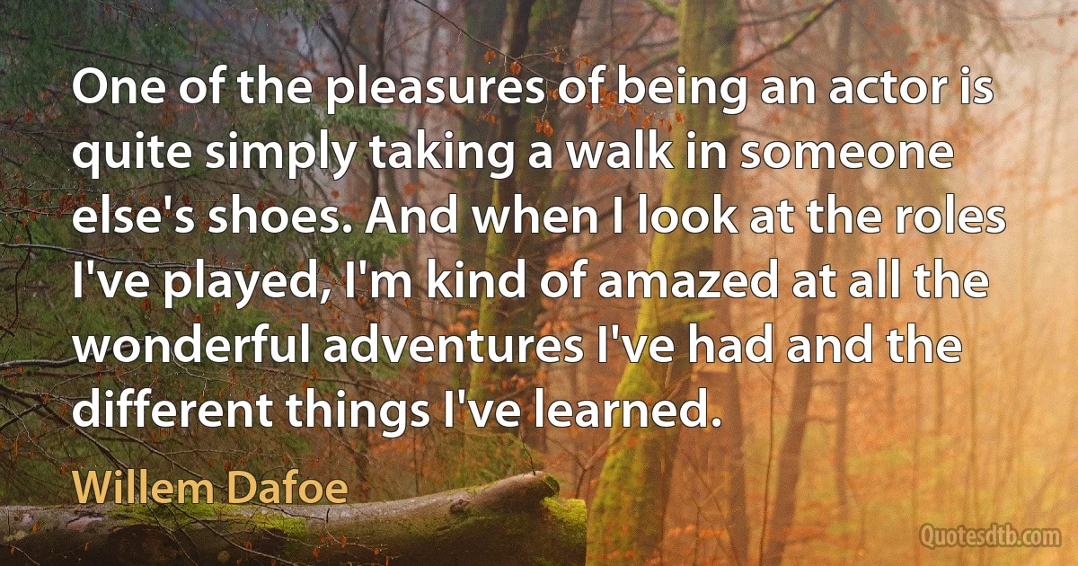 One of the pleasures of being an actor is quite simply taking a walk in someone else's shoes. And when I look at the roles I've played, I'm kind of amazed at all the wonderful adventures I've had and the different things I've learned. (Willem Dafoe)