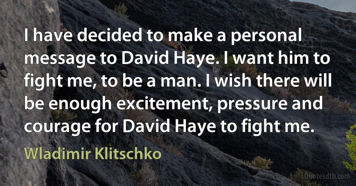 I have decided to make a personal message to David Haye. I want him to fight me, to be a man. I wish there will be enough excitement, pressure and courage for David Haye to fight me. (Wladimir Klitschko)