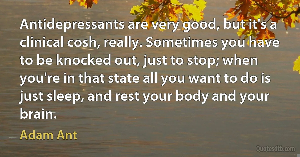 Antidepressants are very good, but it's a clinical cosh, really. Sometimes you have to be knocked out, just to stop; when you're in that state all you want to do is just sleep, and rest your body and your brain. (Adam Ant)