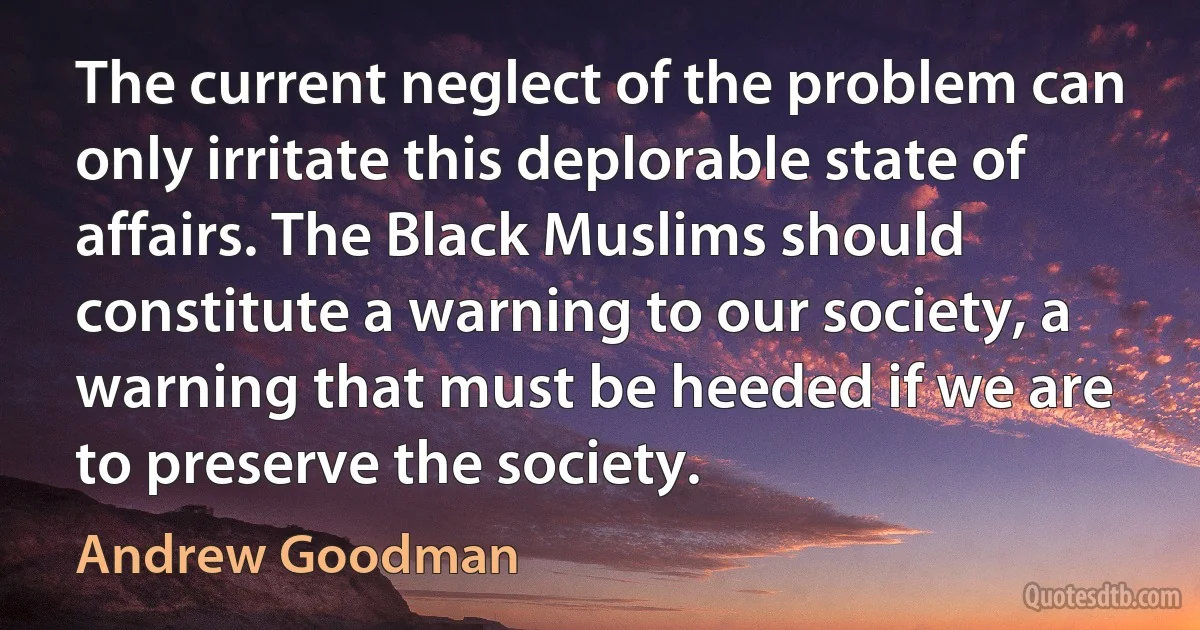 The current neglect of the problem can only irritate this deplorable state of affairs. The Black Muslims should constitute a warning to our society, a warning that must be heeded if we are to preserve the society. (Andrew Goodman)