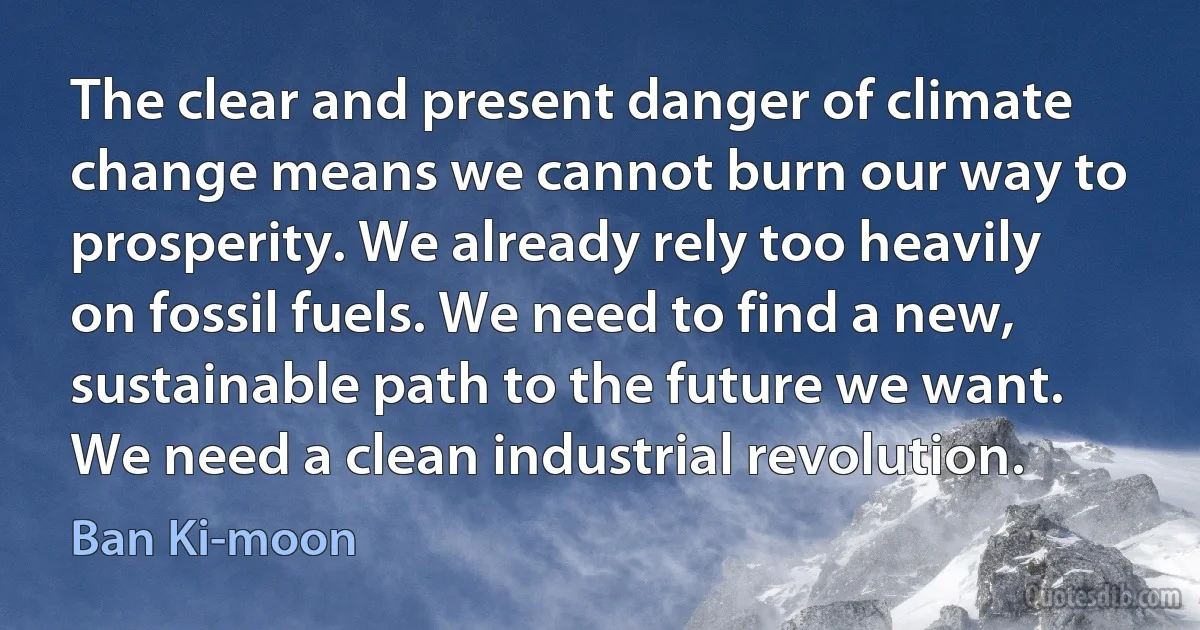 The clear and present danger of climate change means we cannot burn our way to prosperity. We already rely too heavily on fossil fuels. We need to find a new, sustainable path to the future we want. We need a clean industrial revolution. (Ban Ki-moon)