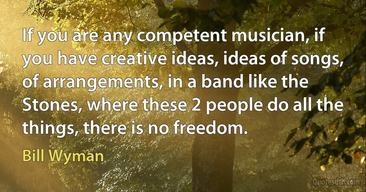 If you are any competent musician, if you have creative ideas, ideas of songs, of arrangements, in a band like the Stones, where these 2 people do all the things, there is no freedom. (Bill Wyman)