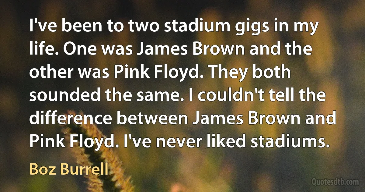 I've been to two stadium gigs in my life. One was James Brown and the other was Pink Floyd. They both sounded the same. I couldn't tell the difference between James Brown and Pink Floyd. I've never liked stadiums. (Boz Burrell)